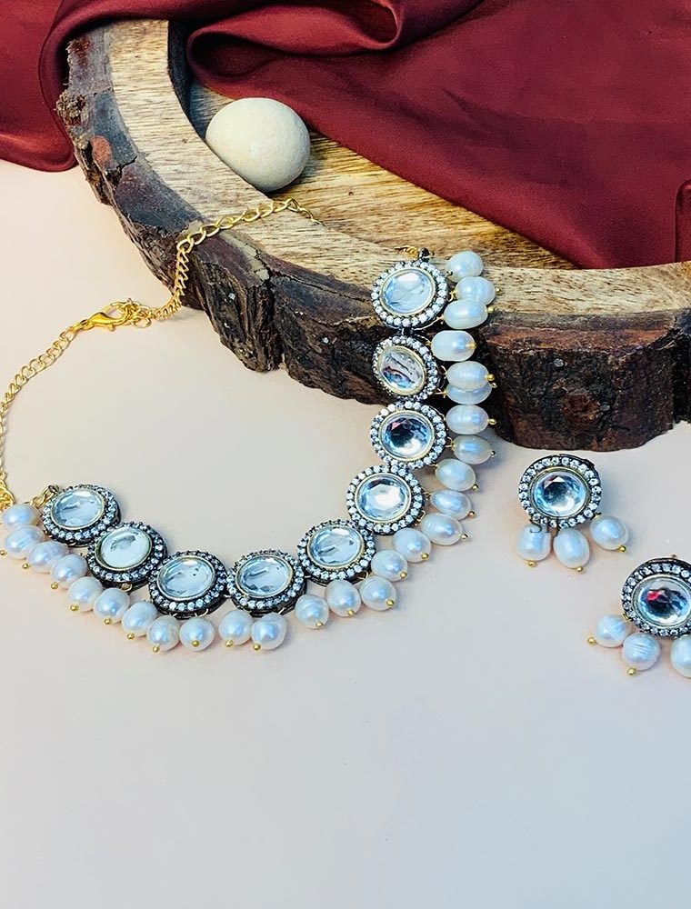 Unique Silver Plated Polki Pearl And Diamond Choker