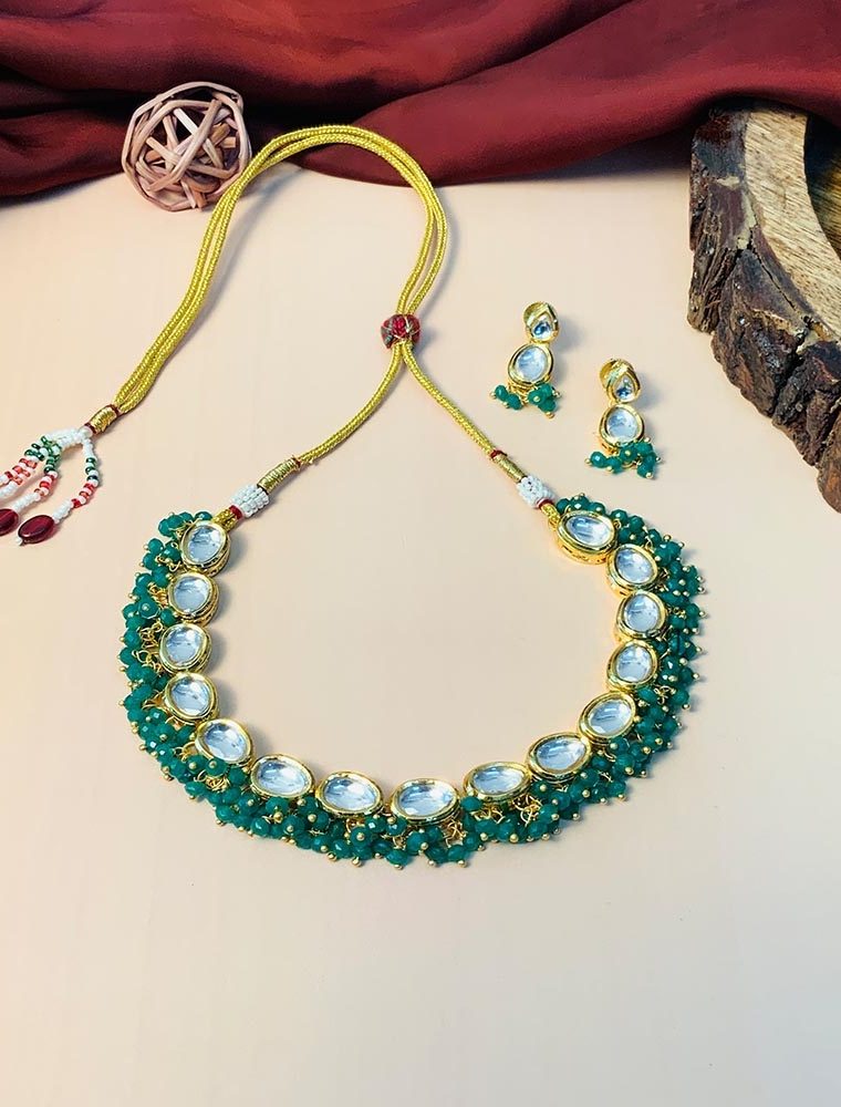 Traditional Gold Plated Green Drops Diamond Choker