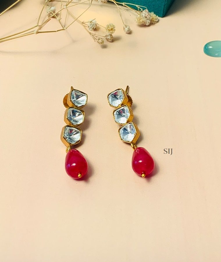 Sparkling Gold Plated Kundan Polki Bead Stone Earrings