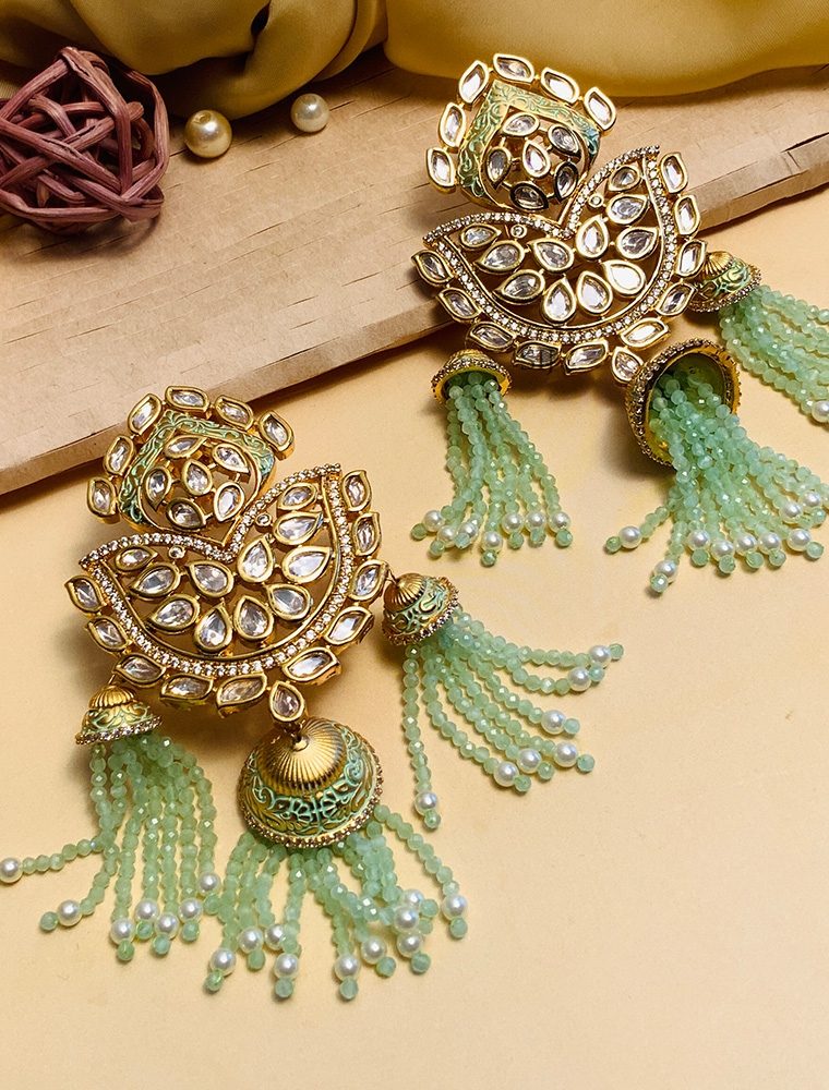 Trendy Kundan AD Stones Earrings with Green Beads Hangings