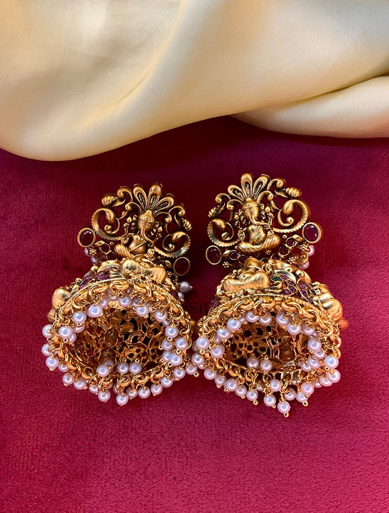 Twinkling Gold Plated Antique Lord Ganesh Temple Earrings