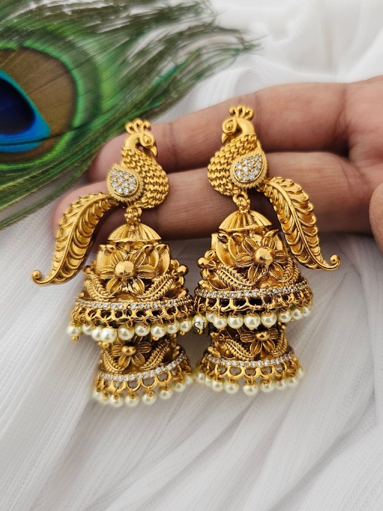 Elegant Matt Finish CZ Stone Peacock Jhumkas