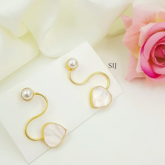 Round Shape Pearl Stone Leaf Design Earrings