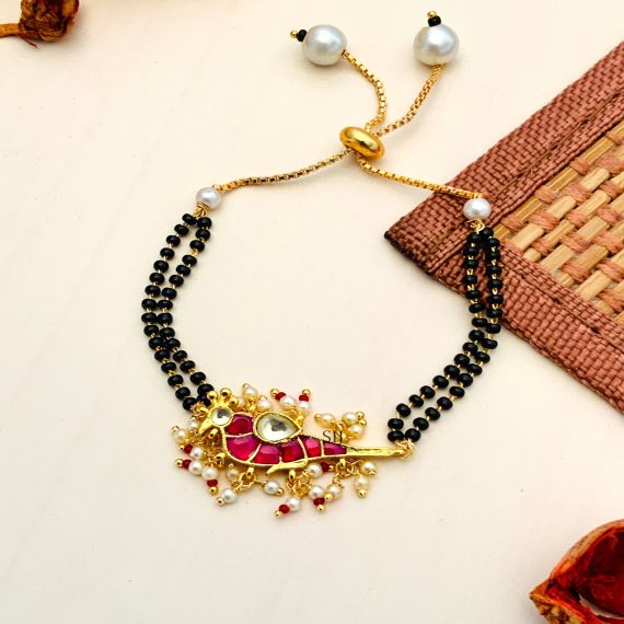 Imitation Pink Parrot Kundan Hand Bracelet (Hand Mangalsutra)