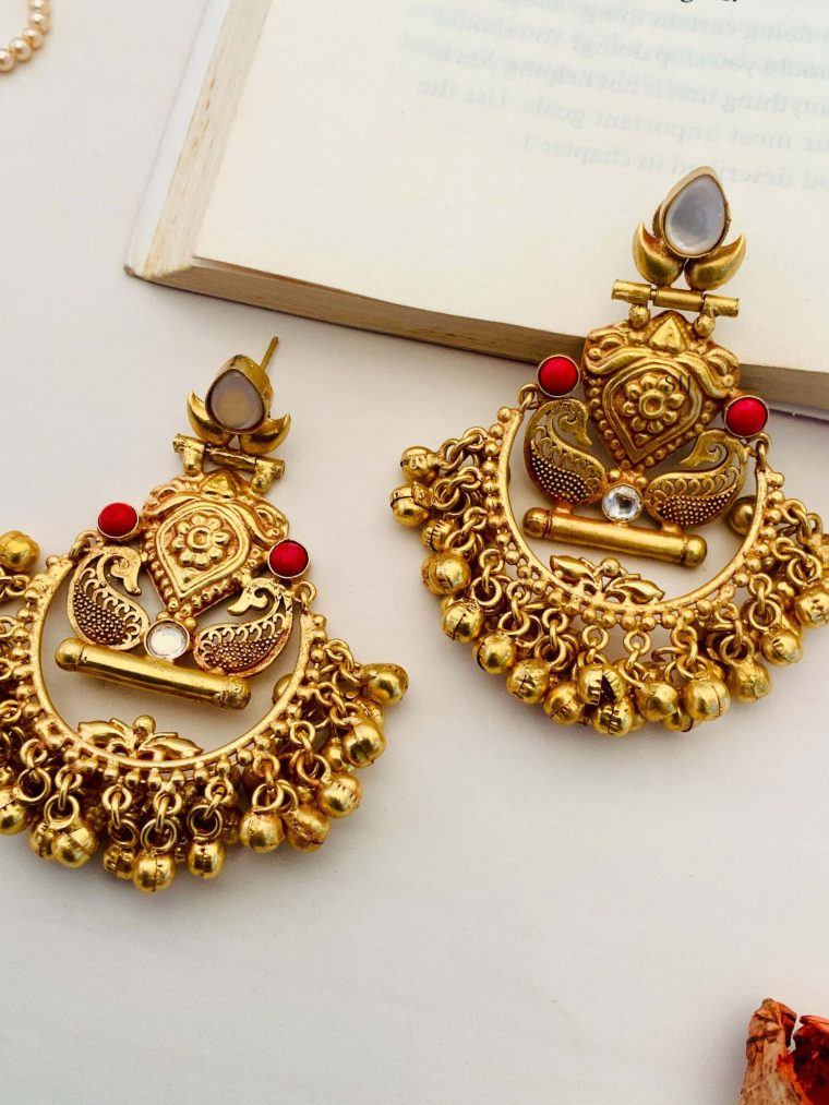 Gold Finish Chand Bali Earrings with Gold Beads