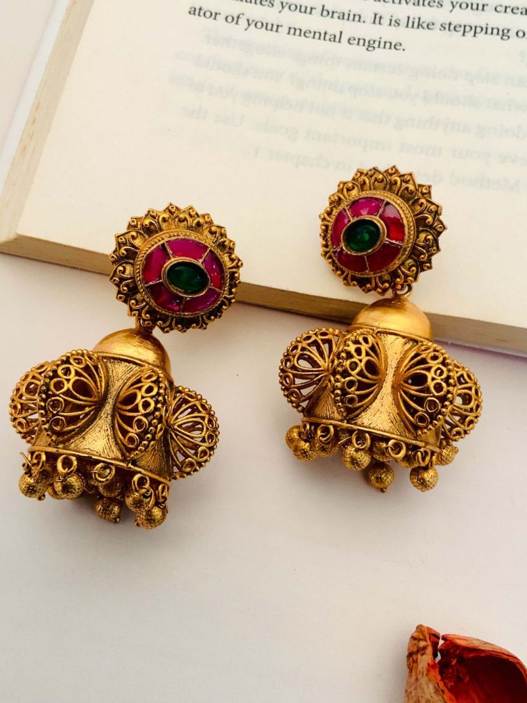 Artificial Temple Jhumkas with Gold Beads