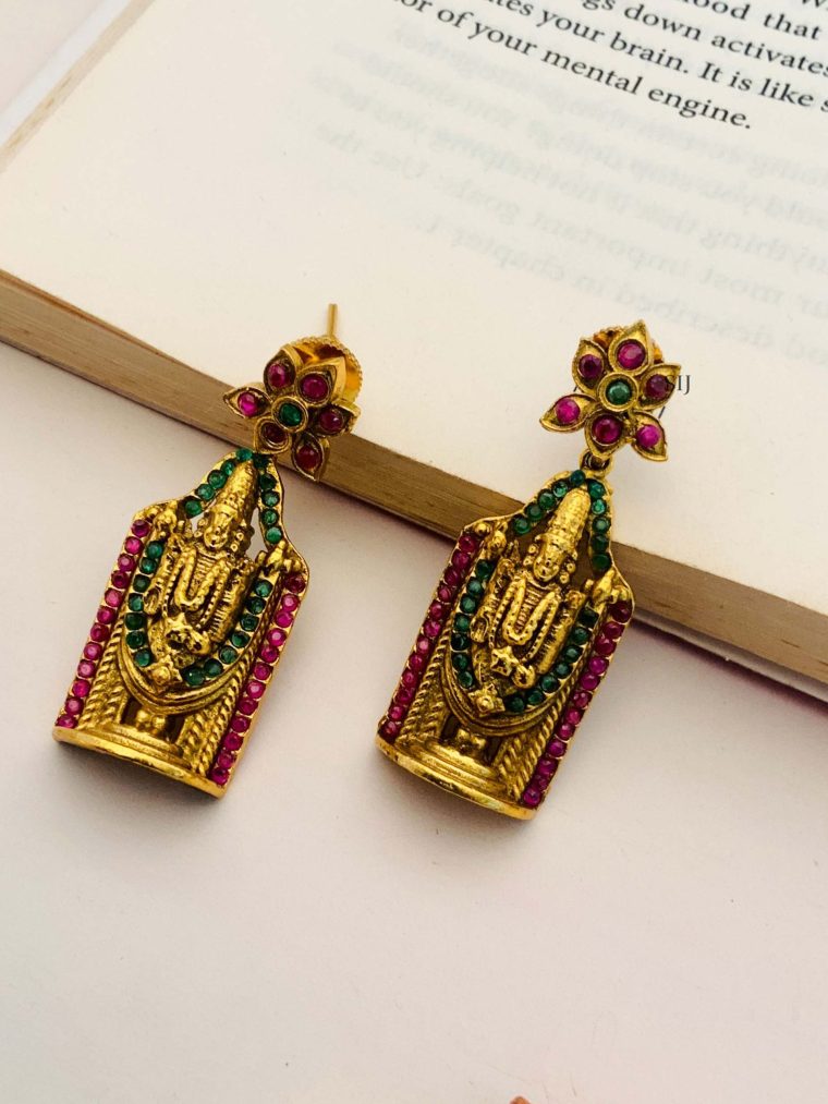 Traditional Flower Design Earrings with Venkateswara Hanging