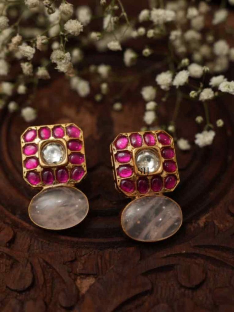 Imitation Rose Quartz Polki Earrings