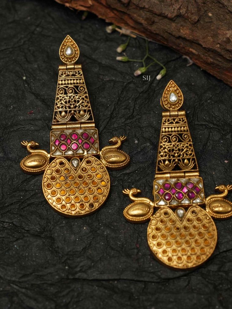 Antique Peacock Earrings with Pink Stones