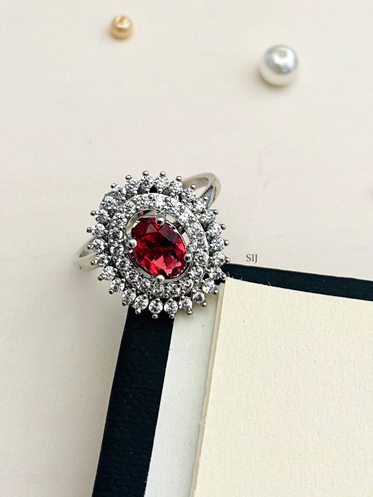 Red Coral American Diamond Silver Plated Ring