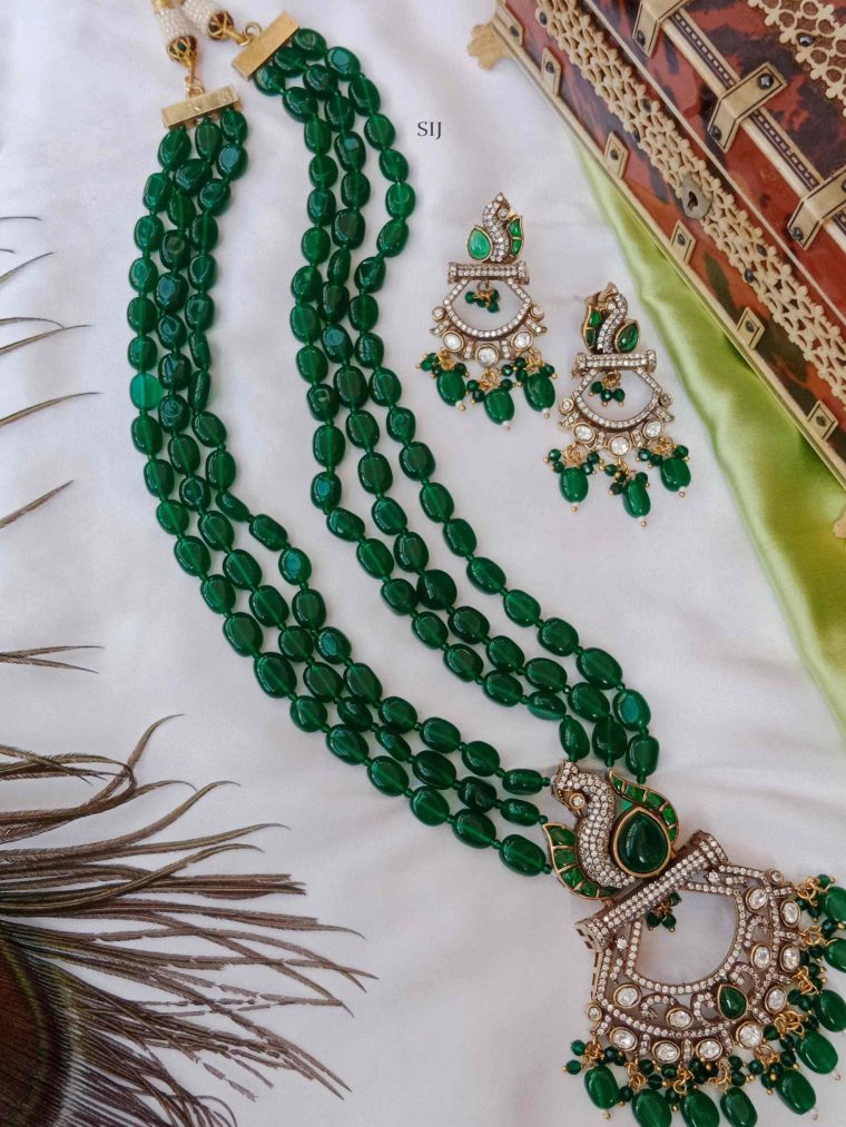 Victorian Peacock Chand Bali Pendant Green Beads Haram