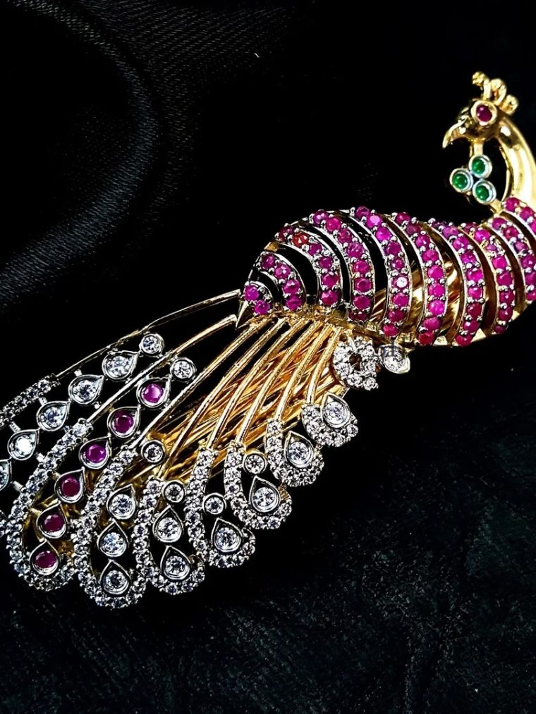 Gold Polish Peacock Hair Clip with Multi AD Stones