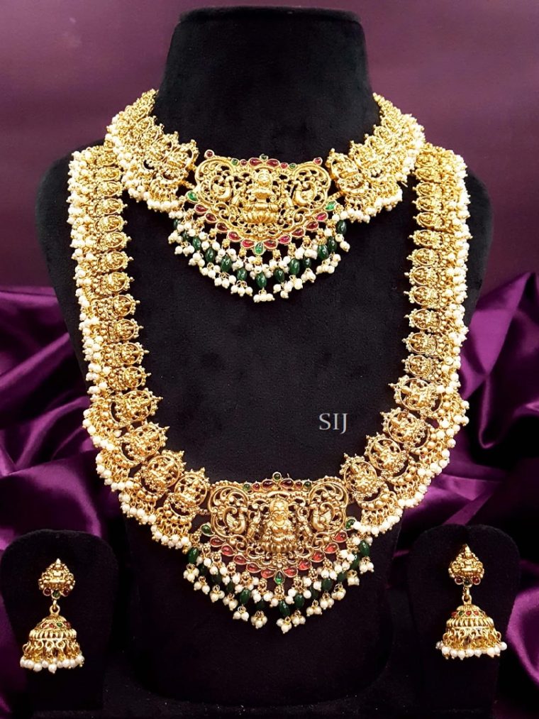 Red and Green Stones Lakshmi Moissanite Beads and Pearls Jewellery Set