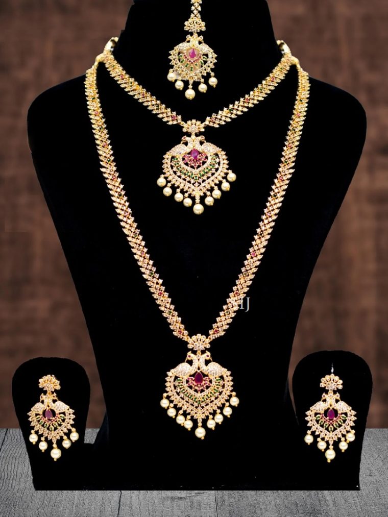 Gold Plated AD Stones Double Peacock Jewellery Set