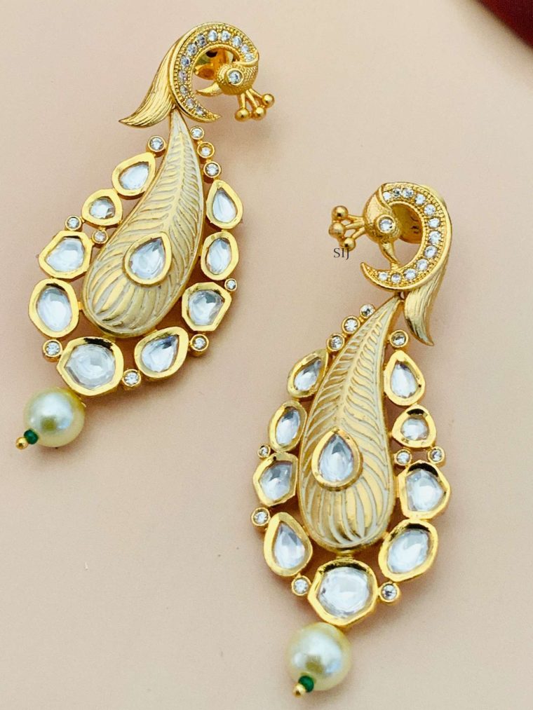 Imitation Kundan Peacock Design Earrings with White Stone