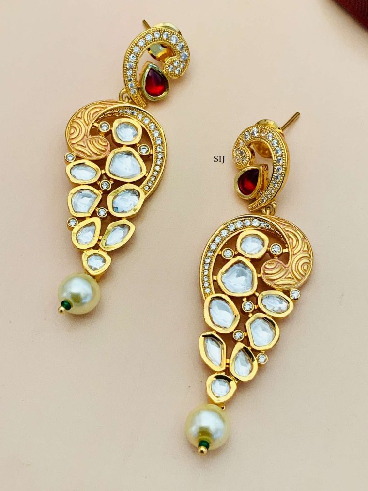 Gold Plated Kundan Studded Peacock Design Earrings