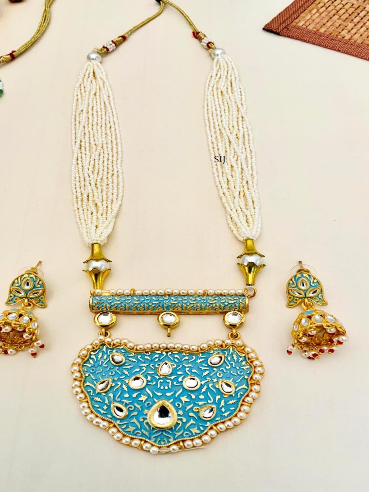 Multi Layers Pearl Beaded Haram with Kundan Studded Blue Pendant