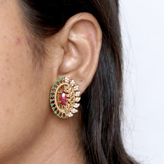 Gold Plated Multi Stone Leaf Ear Studs