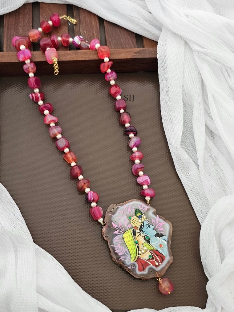 Artificial Agate Beads Chain with Radhakrishna Pendant