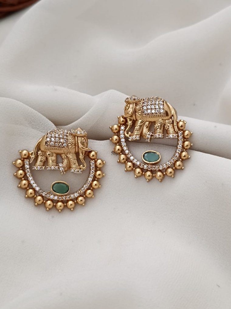 Traditional White and Green Stone Ganesh Earrings