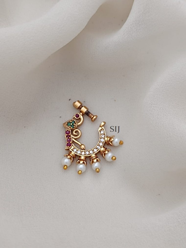 Imitation AD Stones Screw Type Nose Pin With Pearl Hangings