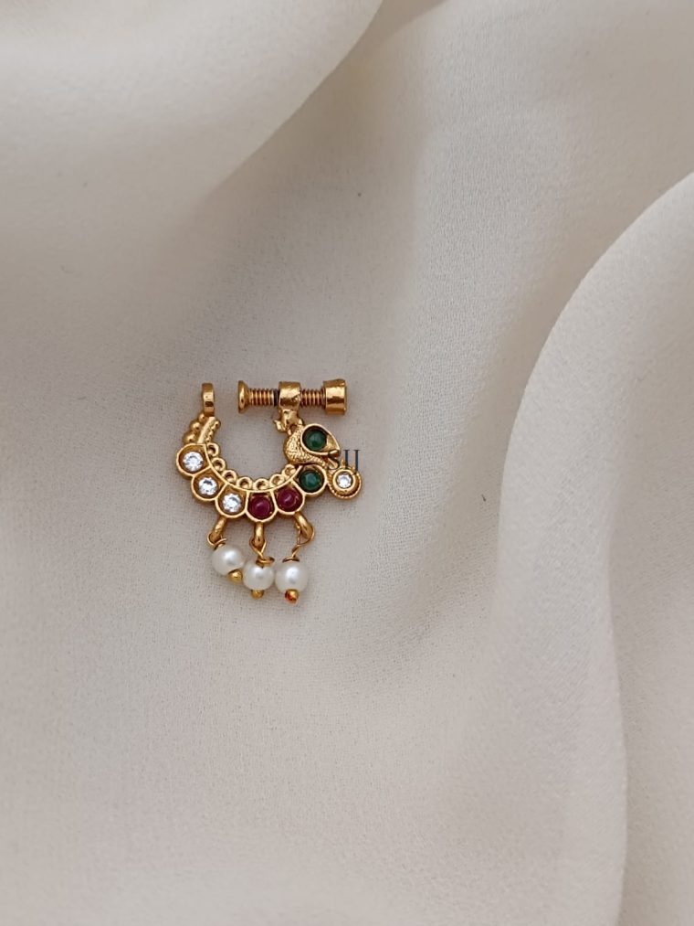 White, Ruby And Green Stones Nose Pin