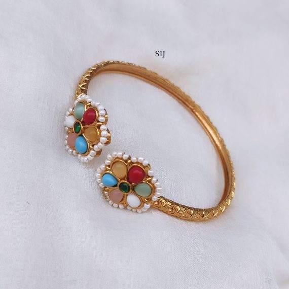 Matt Finish Kada with Navaratna Stones and Pearls