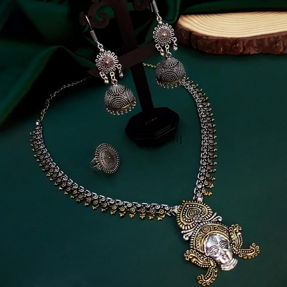 Goddes Durga Dual Tone Oxidised Jewellery Set