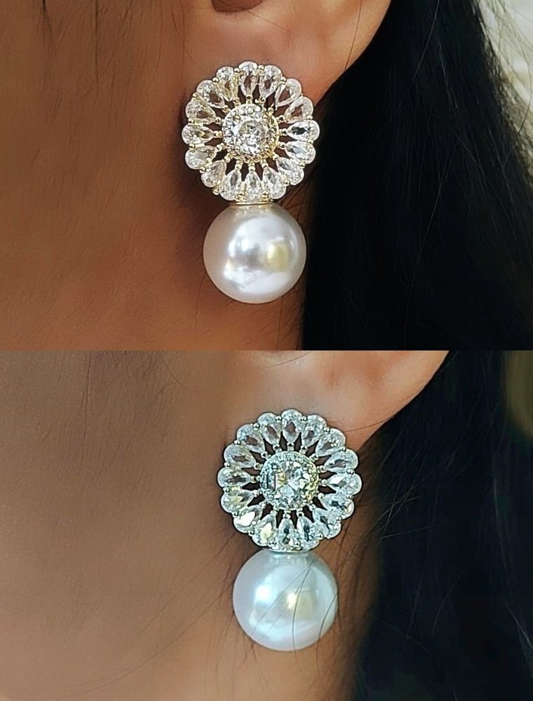 Floral Shaped Gold & Silver Plated Pearl Drop Earrings