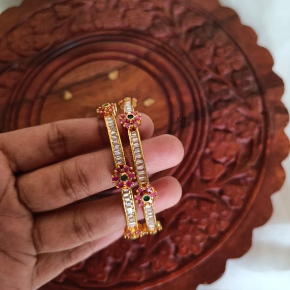 Gold Finish Pink and White AD Stones Bangles