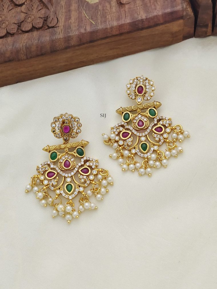 Matte Finish CZ Stones Chandbali Earrings with Pearls