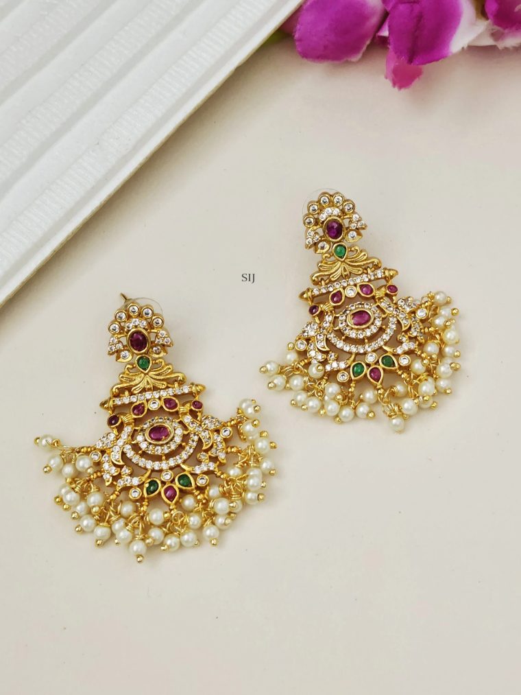 Gold Plated Kemp Peacock Chandbali Earrings with Pearls