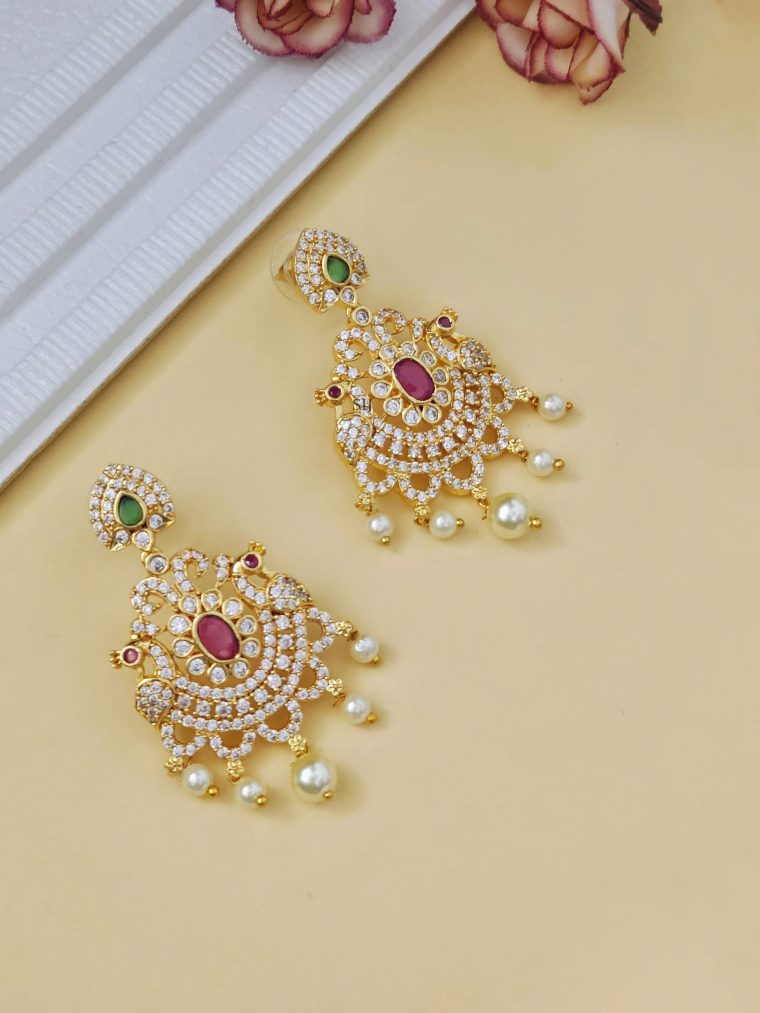 Imitation Dual Peacock CZ Stones Chandbali Earrings