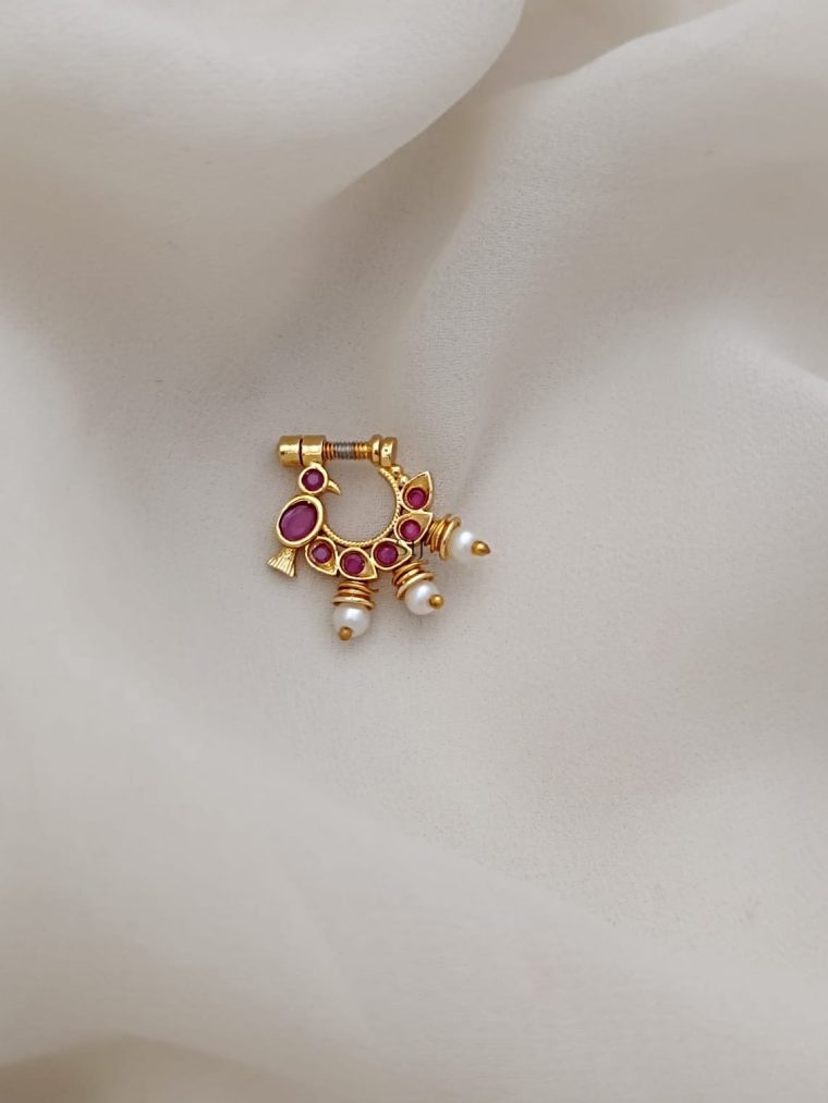 Bird Design Ruby Pearl Drop Screwtype Nose Pin