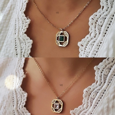 Gold Finish Princess Shape Green& White Stone Chain& Pendant