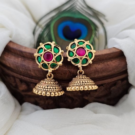 Imitation Green and Pink Kemp Jhumkas