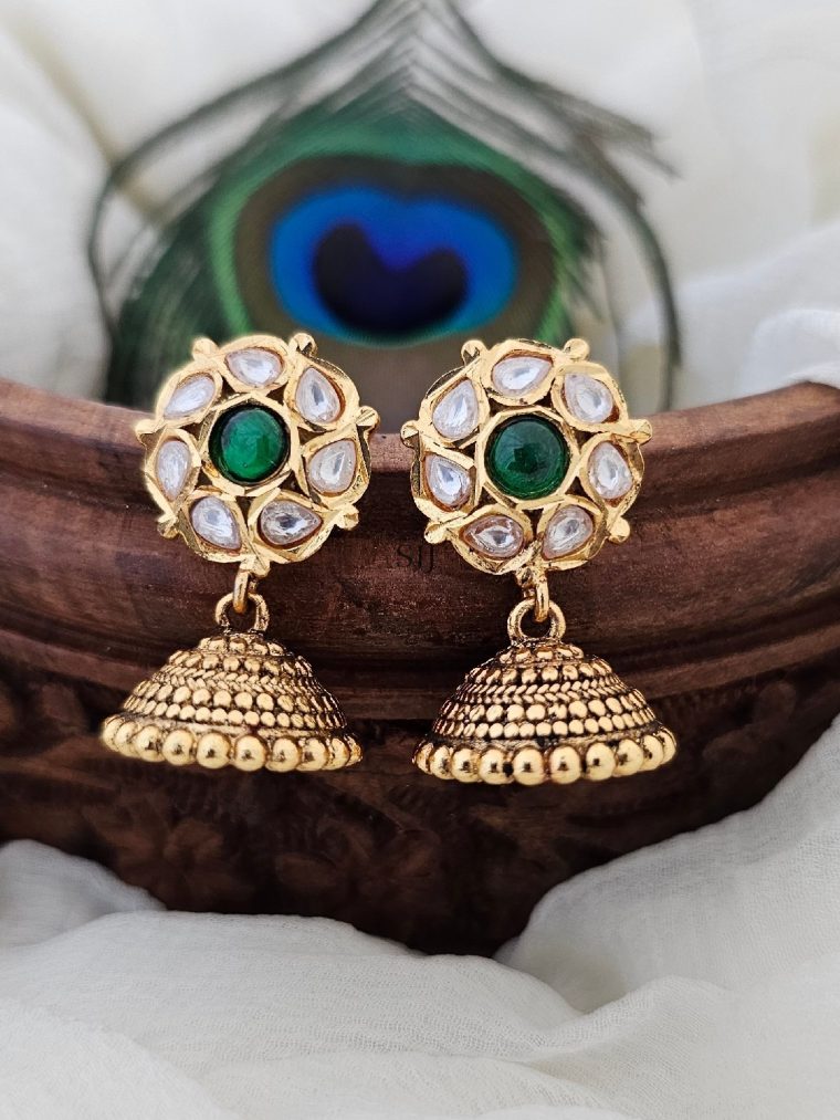 Imitation Green and White Stones Jhumkas