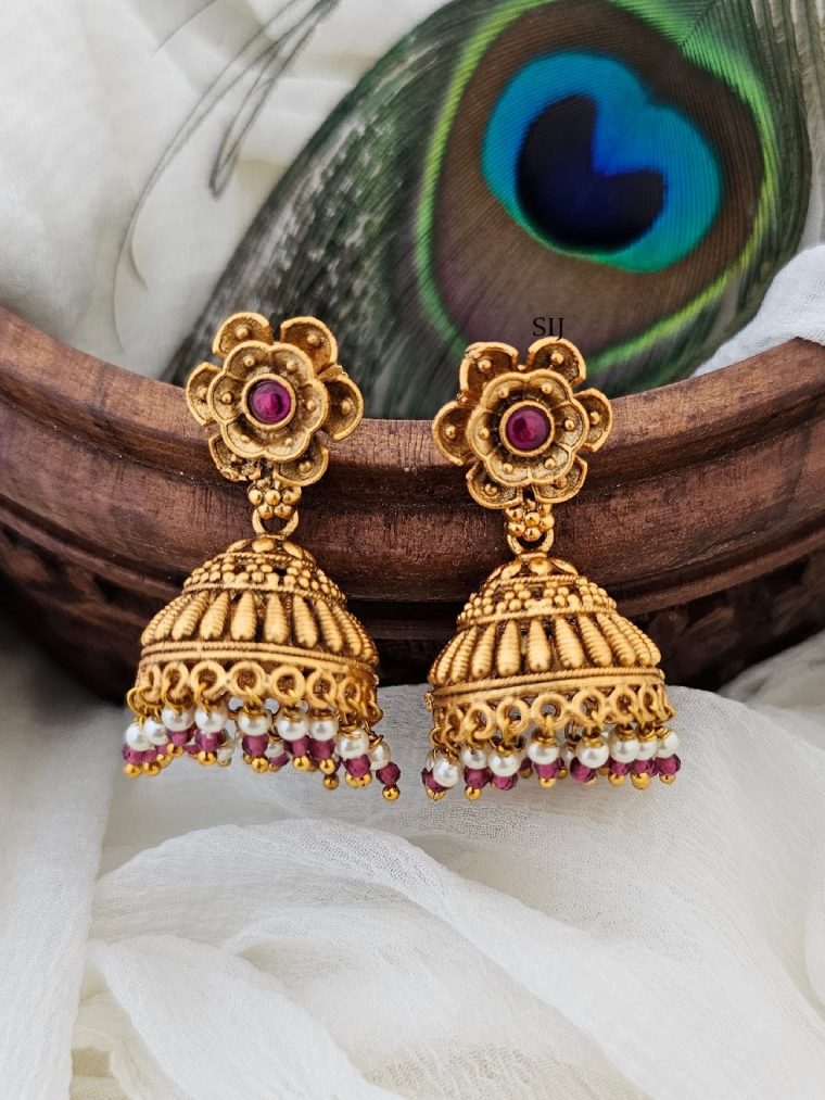 Matte Finish Kemp Stone Flower Jhumkas