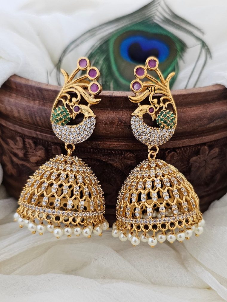 Gold Plated CZ, Ruby and Emerald Stones Peacock Jhumkas