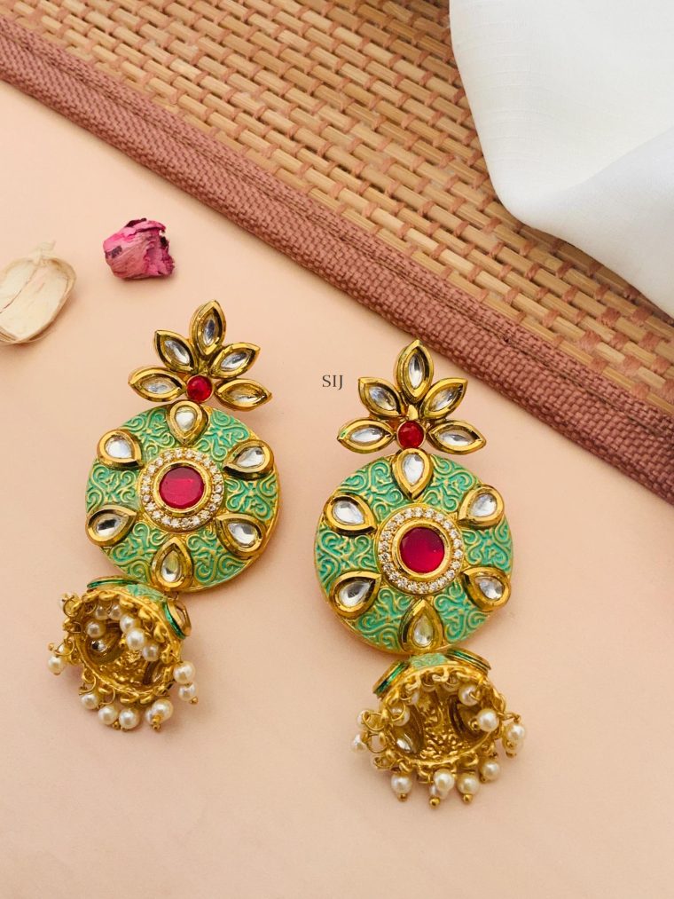 Imitation Kundan Flower Jhumkas with Pearls Hangings