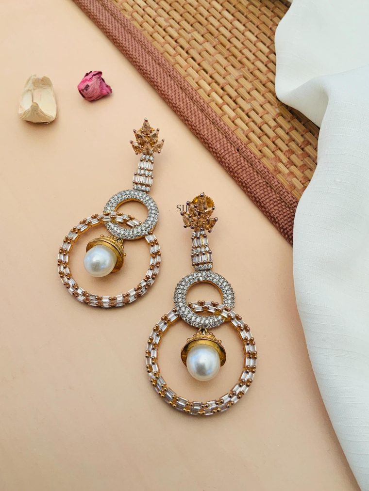 Two Rounds AD Stones Loop Earrings with Pearl Hanging