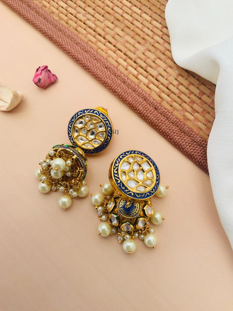 Round Design Kundan Earrings with Pearls Hanging Jhumkas