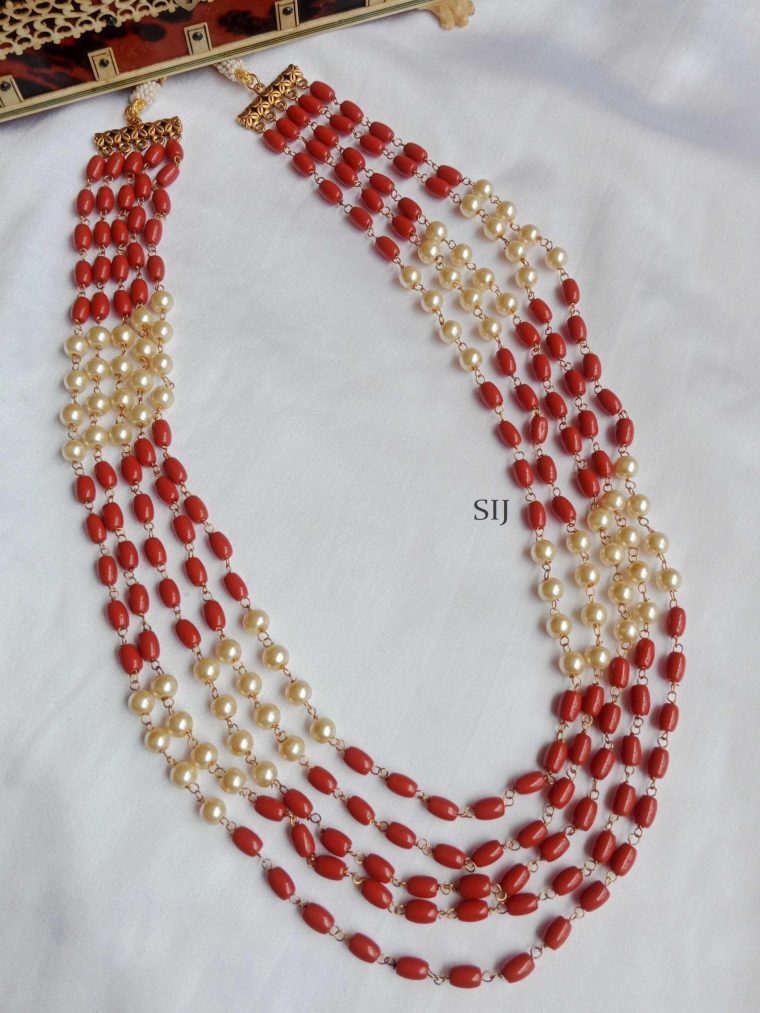 Five Layered Coral And Pearl Chain