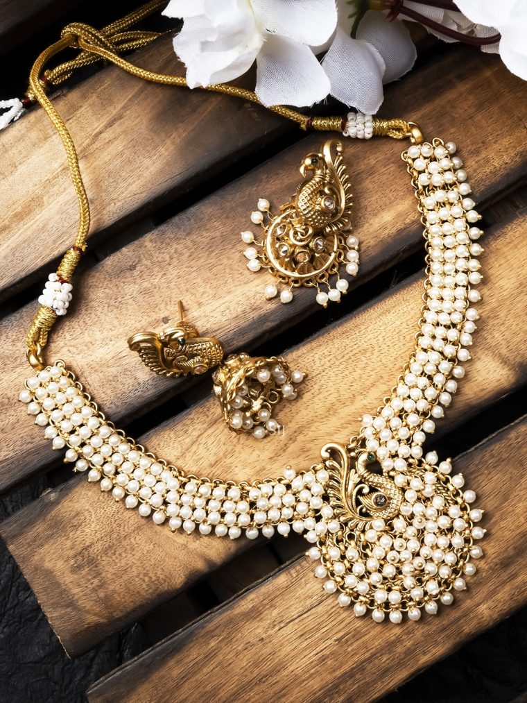 Gold Finish White Beads Mayurakshi Pendant Necklace