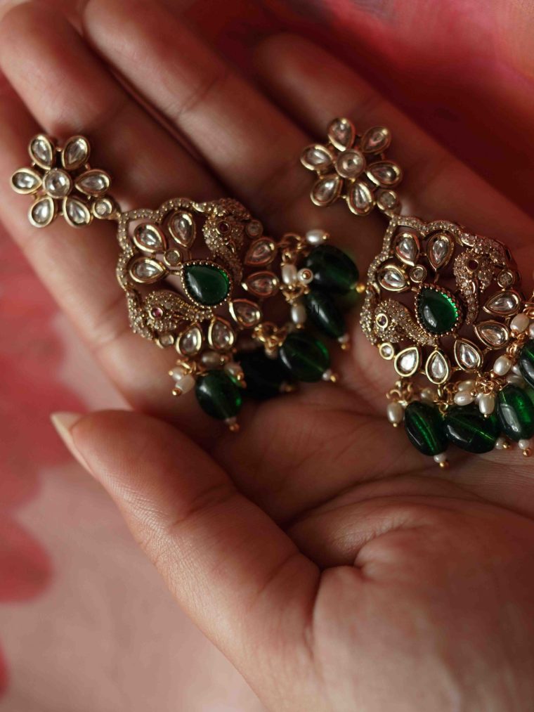 Silver Plated Victorian Earrings with Emerald Drops