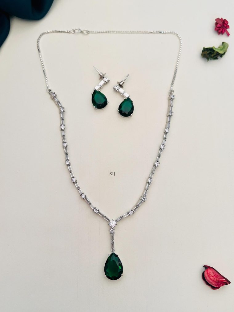 Silver Plated AD Stones Chain with Green Stone Pendant