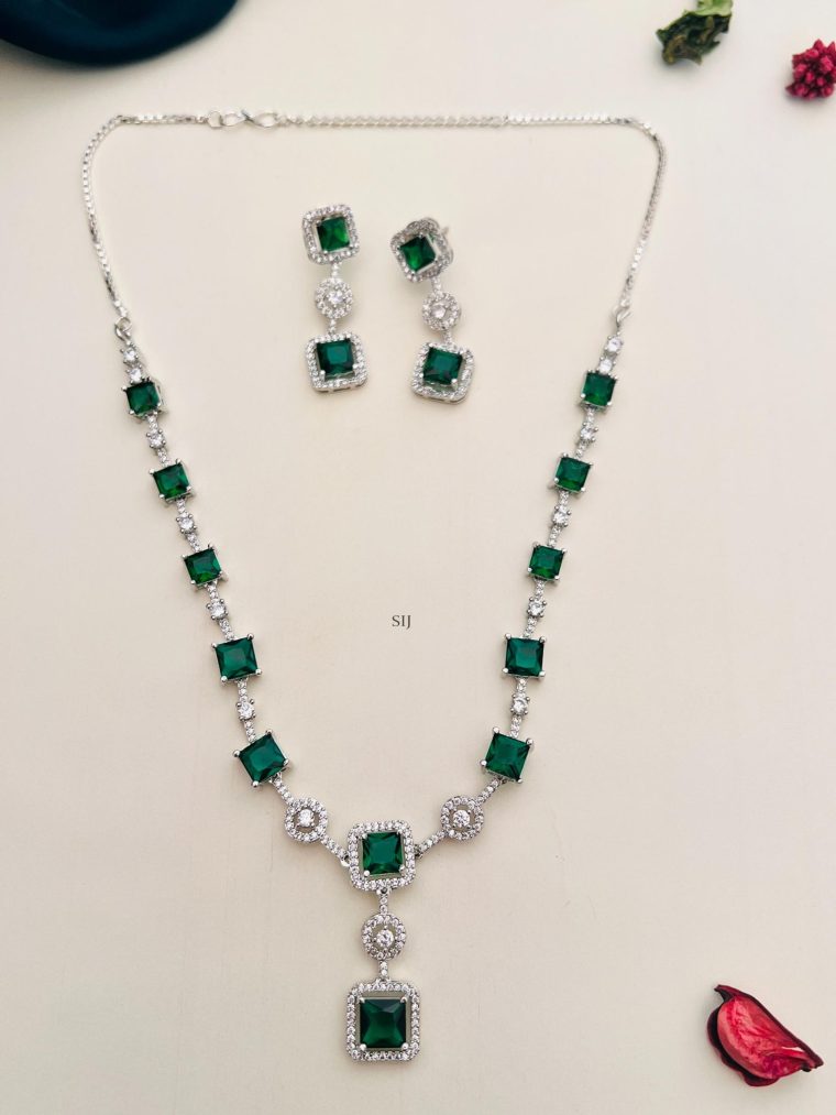 Silver Plated Green and AD Stones Necklace