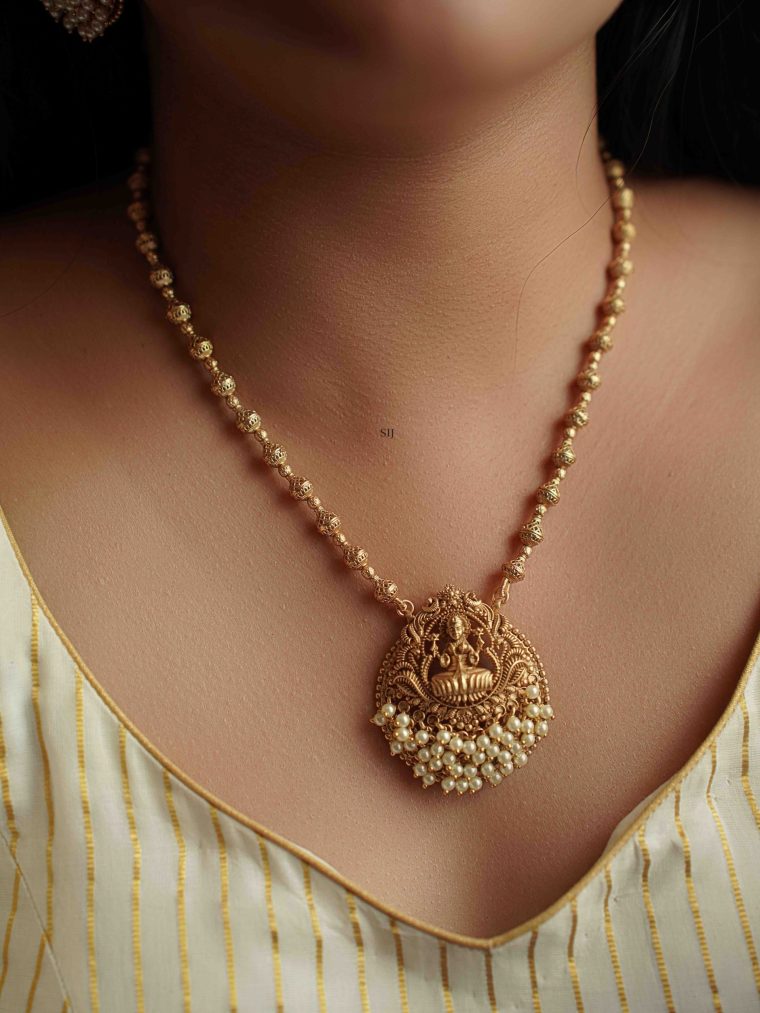 Gold Beads Necklace with Pearls Lakshmi Pendant