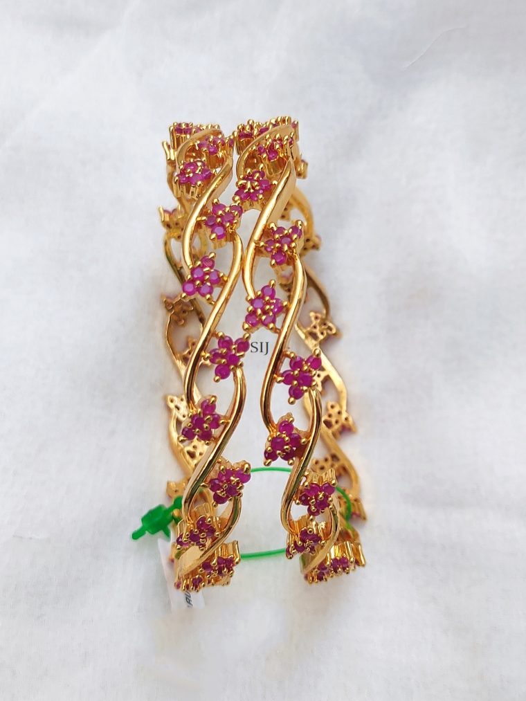 Gold Finish Flower Design Ruby Bangles