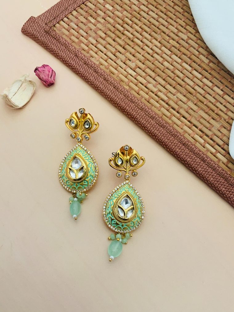 Gold Finish Green Beaded Earrings